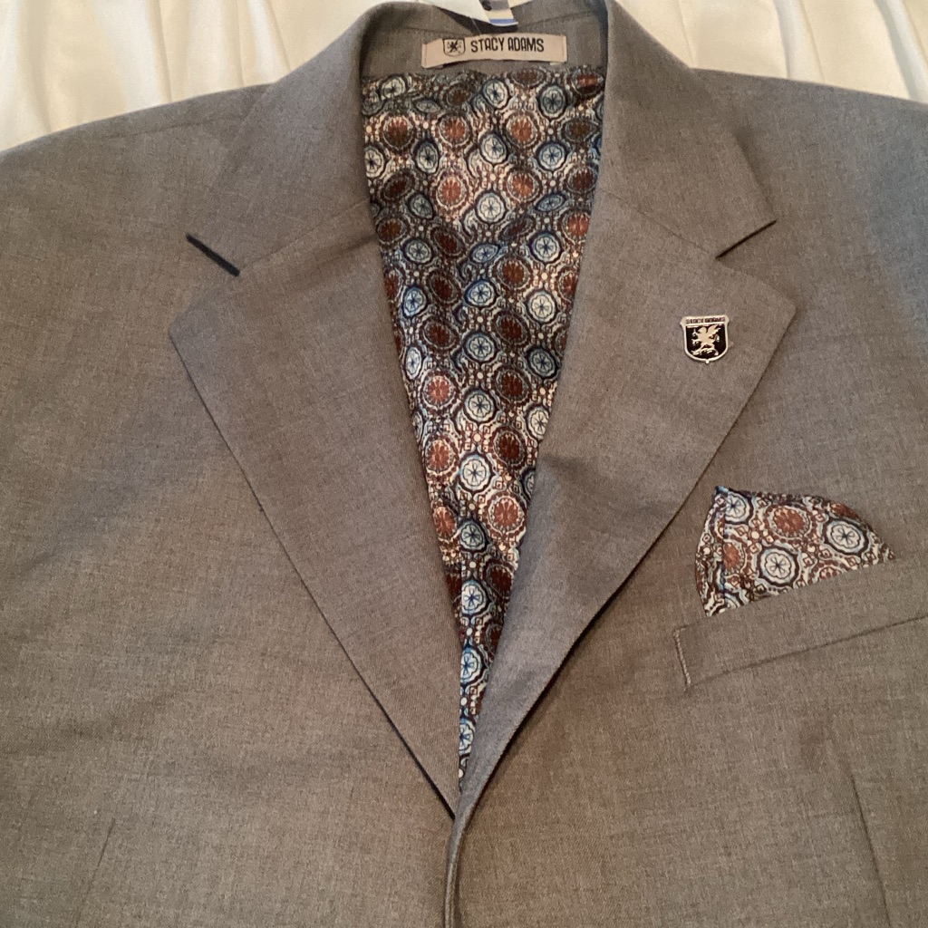 Stacy Adams Gray Blazer With Paisley Lining And Pocket Square
